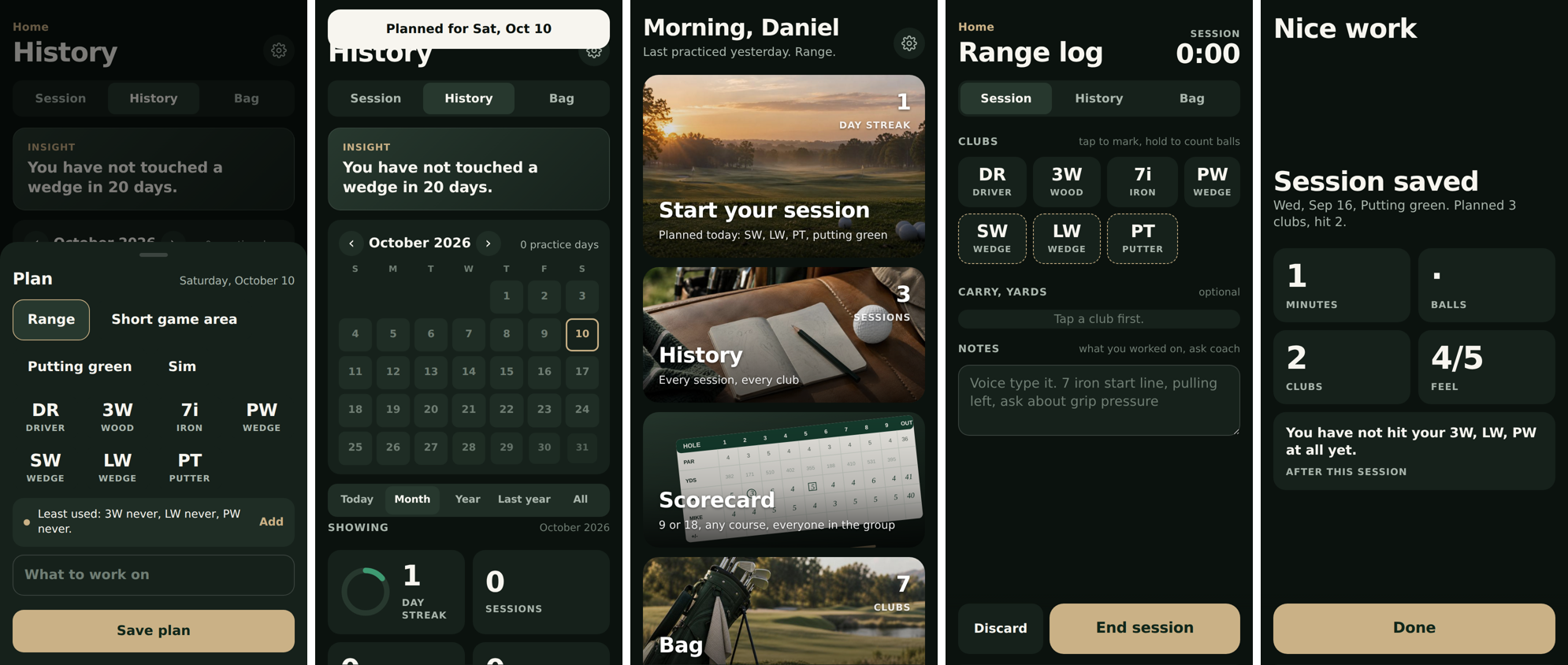 OnePar range log showing clubs, carry distances, notes and the End session button.