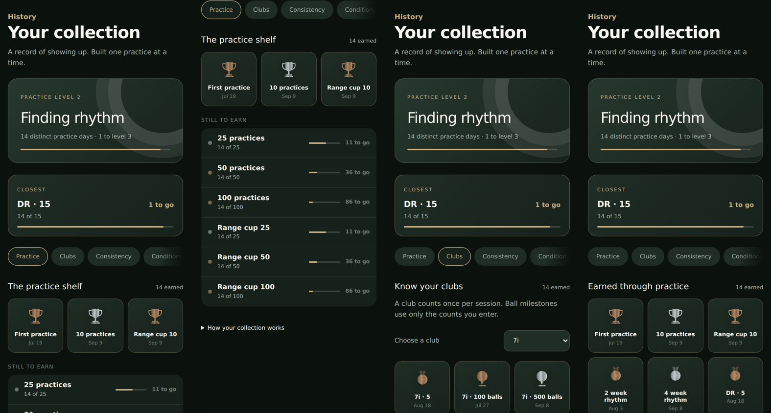 OnePar practice collection with consistency milestones and earned practice cups.